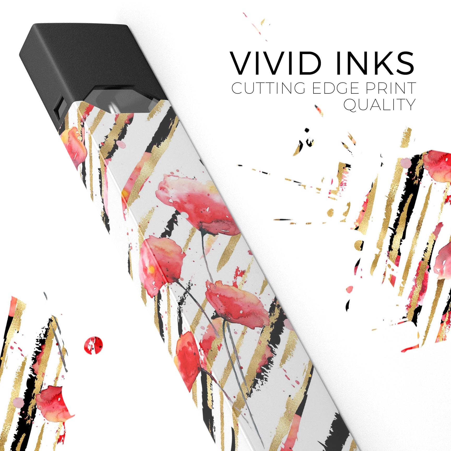 Karamfila Watercolo Poppies V12 skin-wrap for JUUL device, featuring vibrant poppy design and protective lamination.